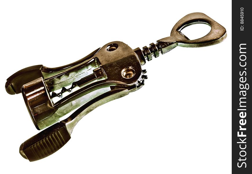 Mechanical corkscrew on white background