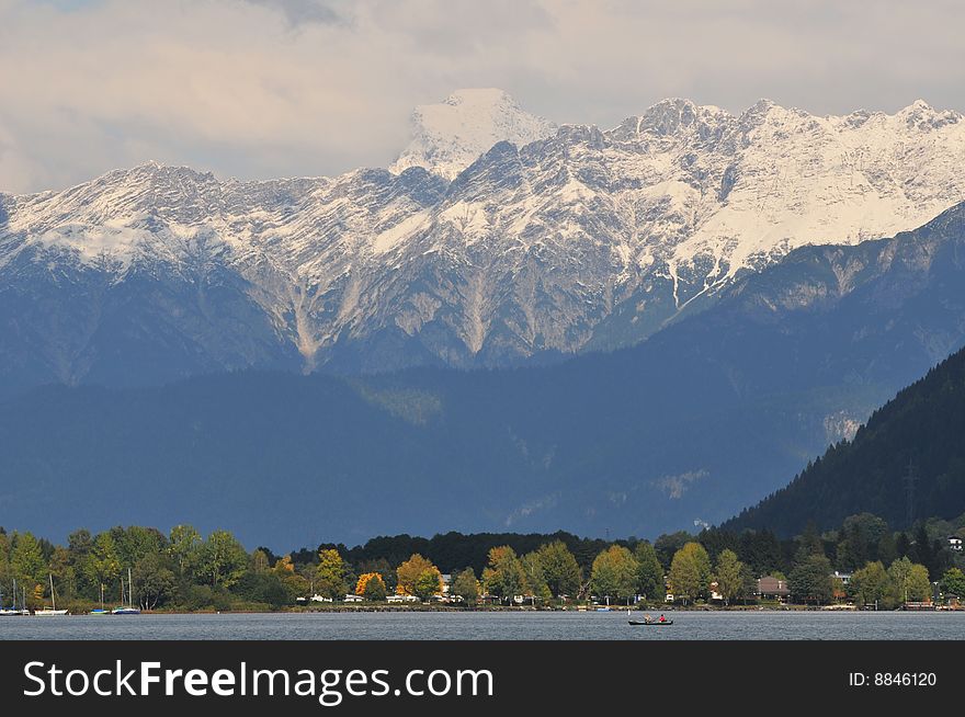 View from Zell am See to the lake with watersport activities