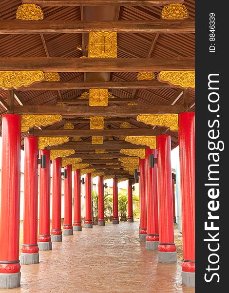 Chinese style walkway in temple, Supanburi province, Thailand.