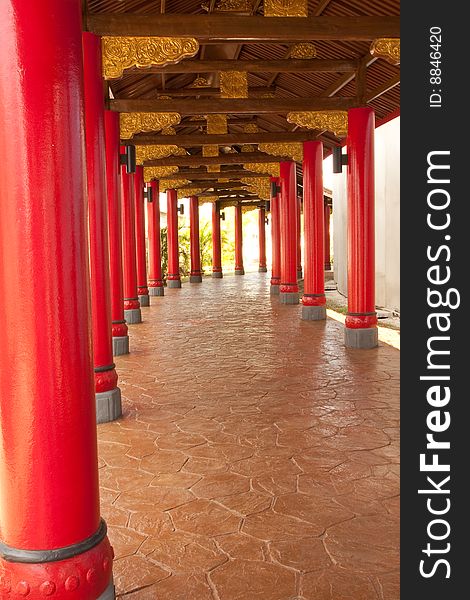 Chinese style walkway in temple, Supanburi province, Thailand.