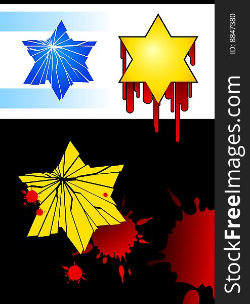 Vector illustration of a broken Star Of David with blood blots. Vector illustration of a broken Star Of David with blood blots.