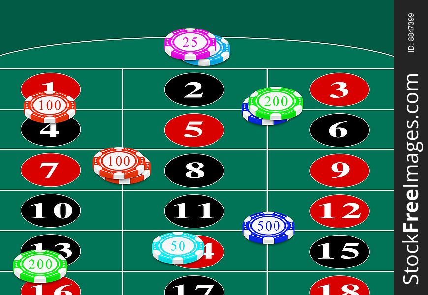 Particular roulette table with chips bets. Particular roulette table with chips bets