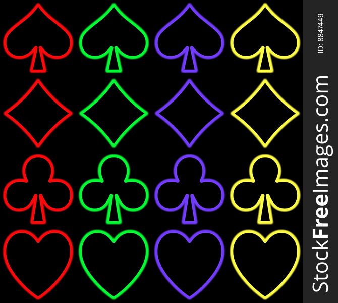 The four signs of the poker. neon style in four different colors on a black background. easily cropping. The four signs of the poker. neon style in four different colors on a black background. easily cropping