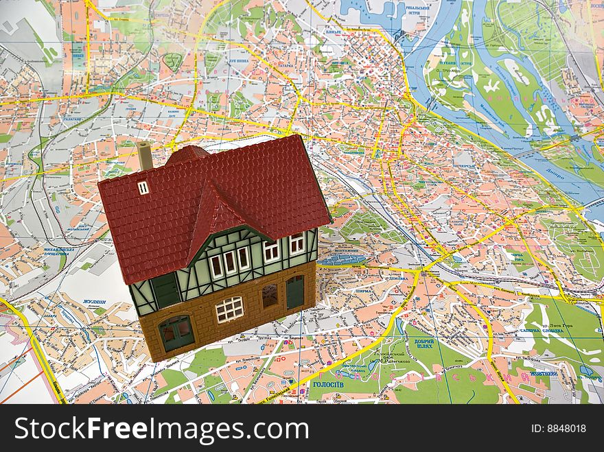 Model of a detached house on a city map. Model of a detached house on a city map