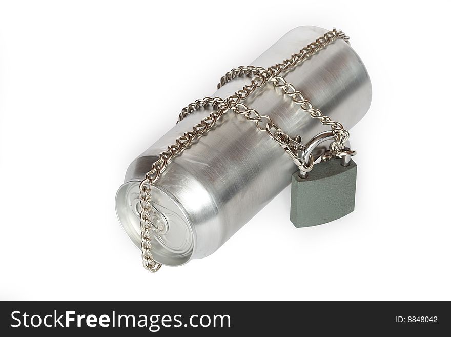 Beer tin constrained with chain and padlock isolated on white background. Beer tin constrained with chain and padlock isolated on white background