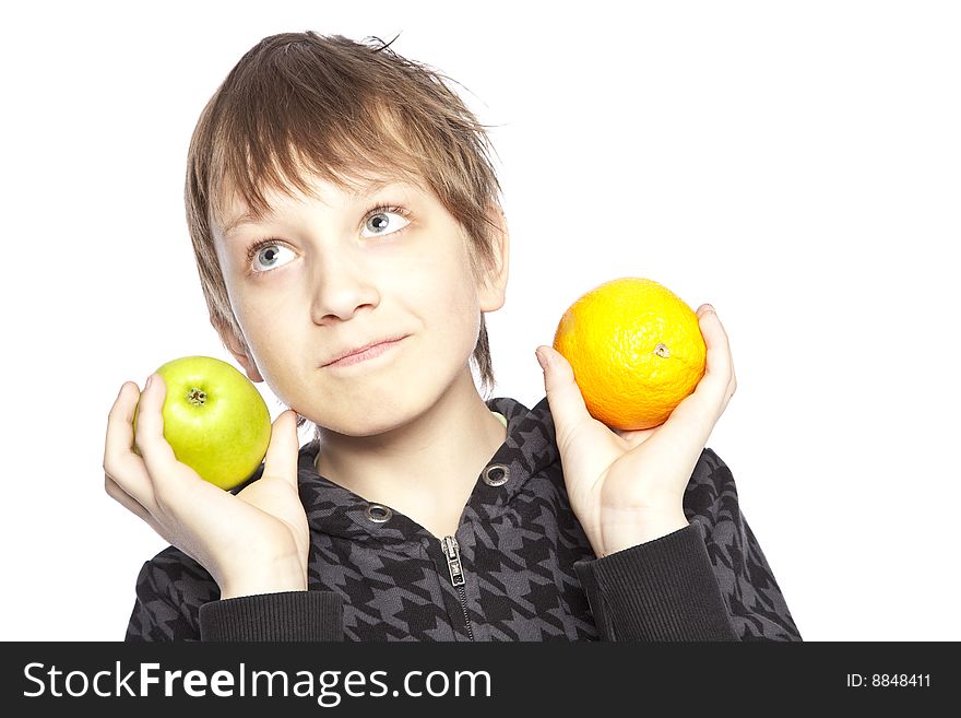 Boy Holding Apple And Orange