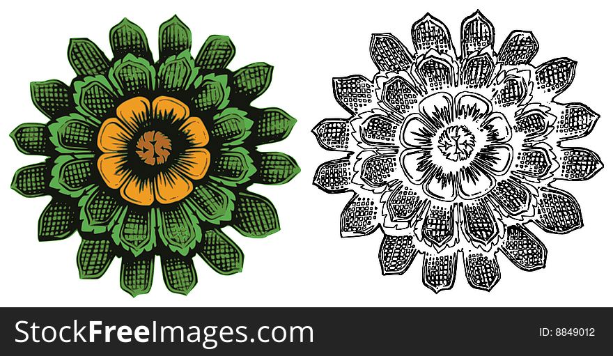 Eastern black lined and coloured flower surrounded by leafs, change the colour it�s a vector. Eastern black lined and coloured flower surrounded by leafs, change the colour it�s a vector.