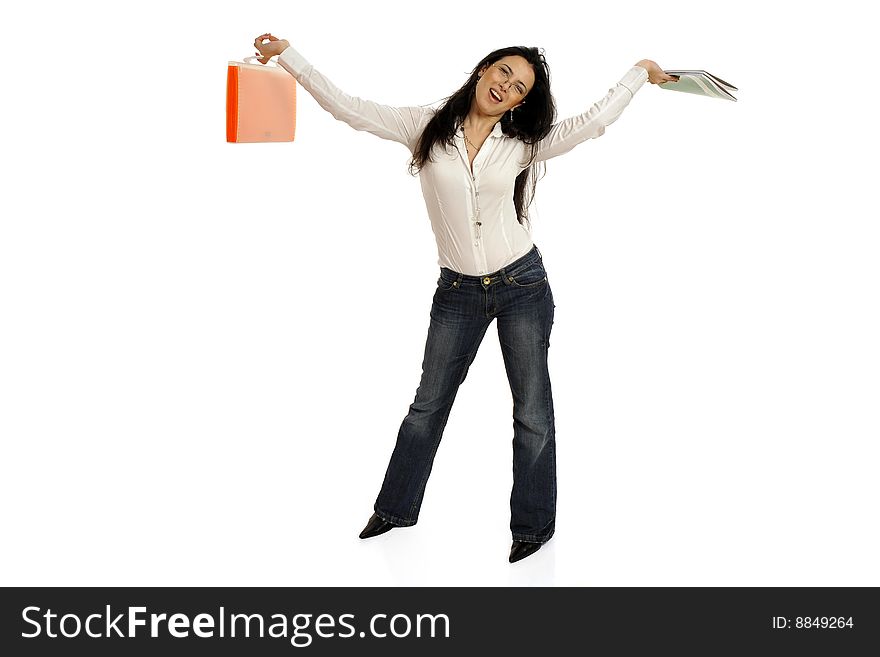 Full body view of young teacher or college student holding copybooks in a triumph pose. Isolated on white background. Full body view of young teacher or college student holding copybooks in a triumph pose. Isolated on white background.