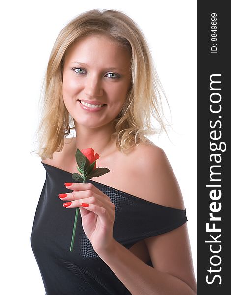 Beautiful girl in a black dress with a red rose. Beautiful girl in a black dress with a red rose