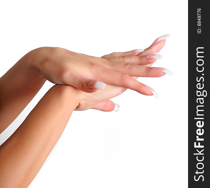 Beautiful female gentle brushes of hands with manicure, isolated on a white background, please see some of my other parts of a body images:. Beautiful female gentle brushes of hands with manicure, isolated on a white background, please see some of my other parts of a body images: