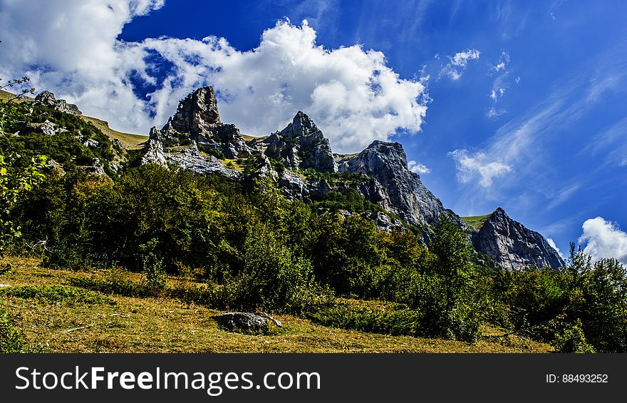 A view of a green forest and a mountain under blue skies. A view of a green forest and a mountain under blue skies.