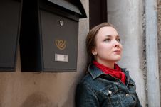 Beauty Woman Against Old Wall Near The Mailbox Stock Images Beauty Woman Against Old Wall Near The Mailbox Stock Images