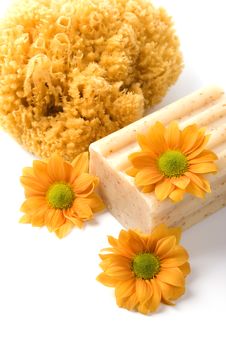 Natural Sponge, Soap And Flowers Royalty Free Stock Photography Natural Sponge, Soap And Flowers Royalty Free Stock Photography