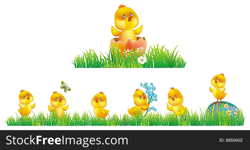 Chicken in grass. Vector Illustration