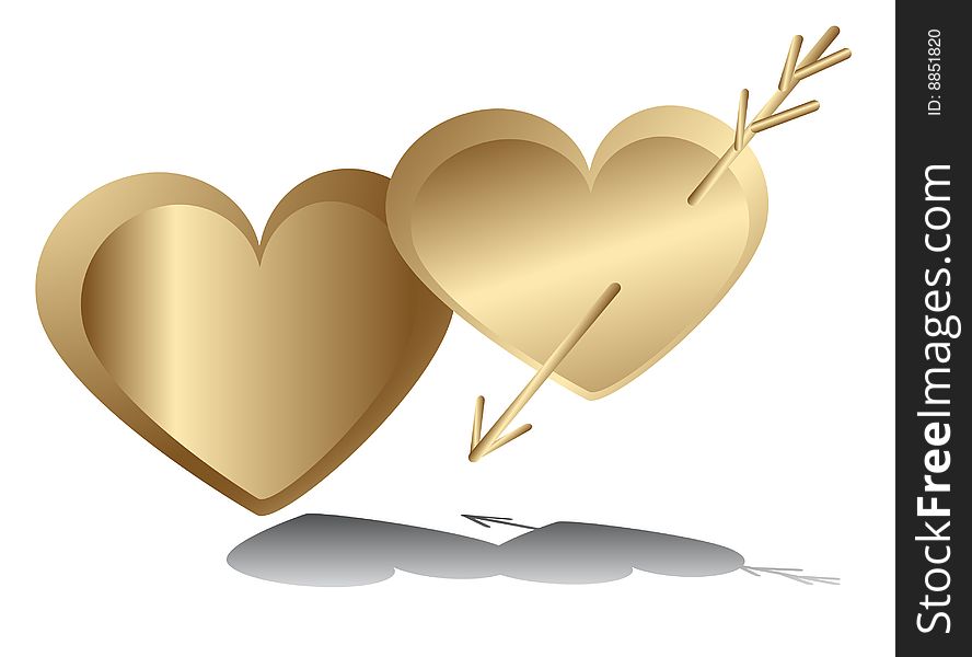 Golden heart for lovers with arrow