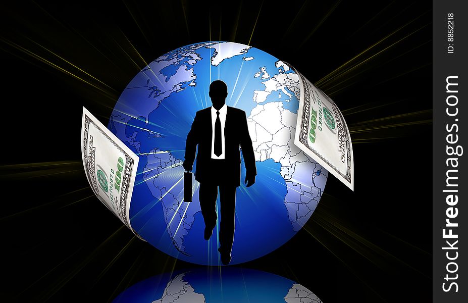 Businessman silhouette & dollars around a planet on black background. Businessman silhouette & dollars around a planet on black background