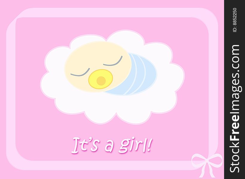 A new born baby-girl card with a little baby sleeping on a cloud. Digital drawing. Coloured picture. A new born baby-girl card with a little baby sleeping on a cloud. Digital drawing. Coloured picture.