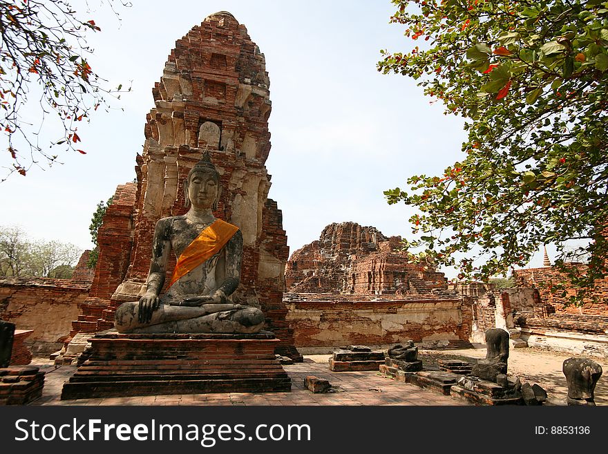 Monuments of buddah, ruins of Ayutthaya, old capital in Thailand