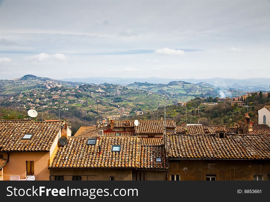 Perugia Cityscape. Over The Roofs View. Italy.