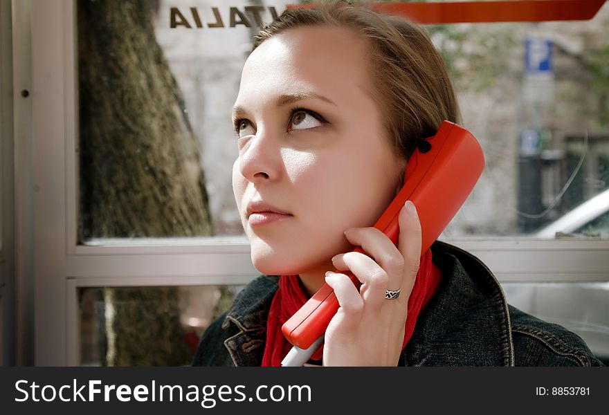 Beauty Woman It Telephone Box. Old Italy Series.