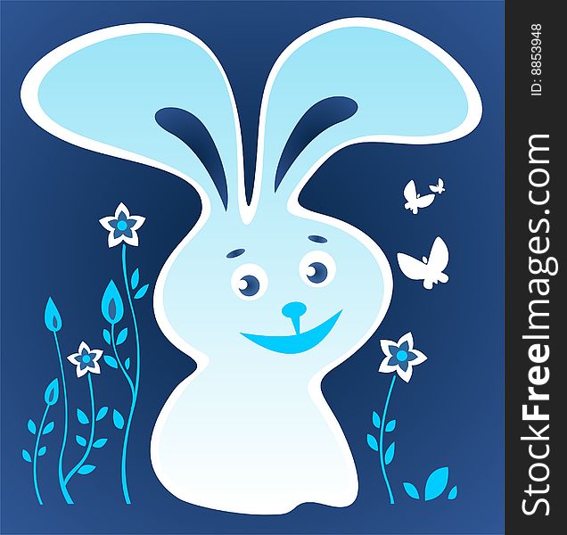 Cartoon happy rabbit and flowers on a blue background.