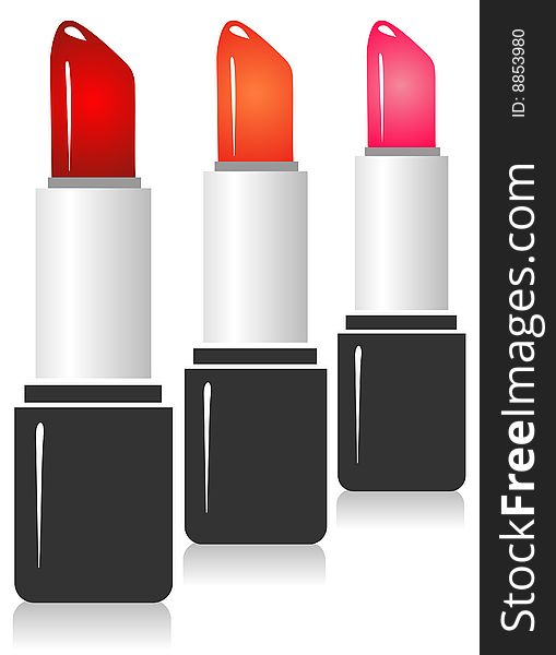 Three stylized lipsticks isolated in a white background.