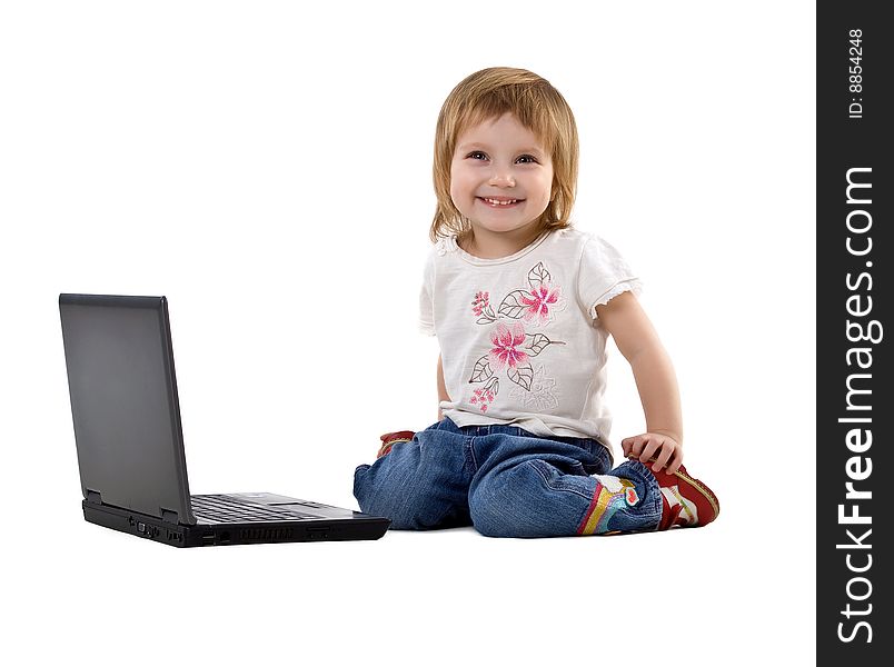 Little Girl Sit Near Laptop
