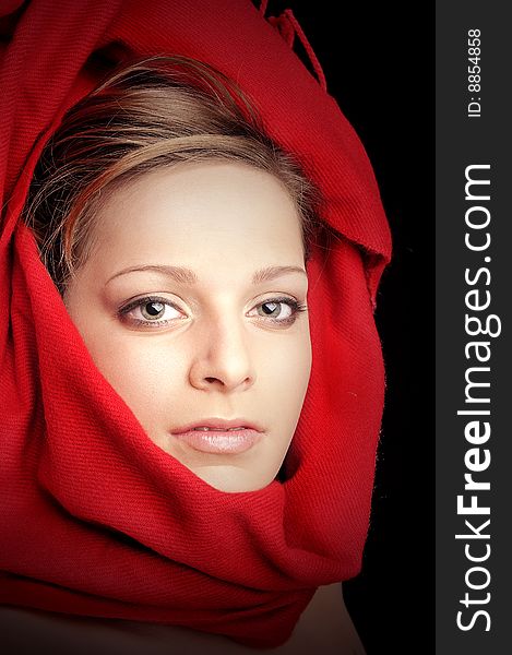 Girl lying , Wearing a red color scarf. Girl lying , Wearing a red color scarf