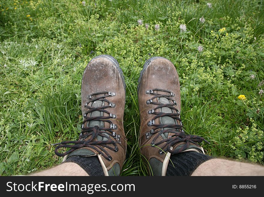 Hiking boot during rest und green lawn. Hiking boot during rest und green lawn