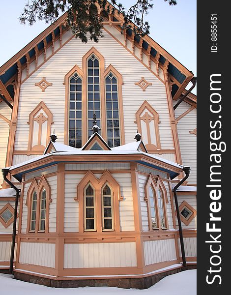 Beautiful wooden church in the town Kajaani, Finland