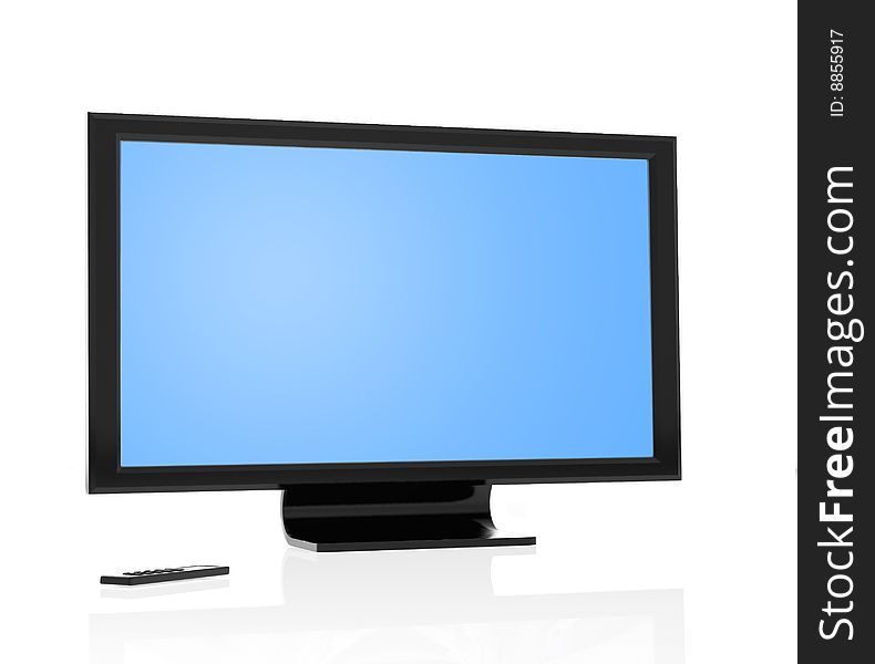 Modern lcd tv/monitor and remote control isolated over white. Modern lcd tv/monitor and remote control isolated over white