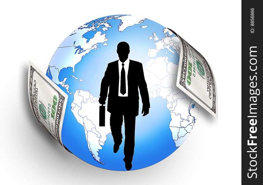 Businessman silhouette & dollars around a planet isolated on white. Businessman silhouette & dollars around a planet isolated on white