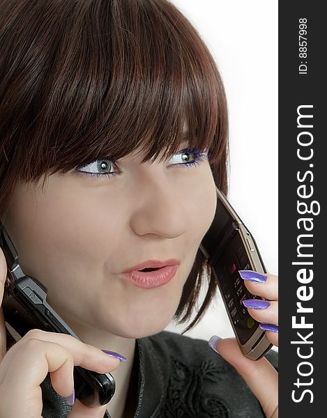 Young Beautiful Woman Using Call Two Phones