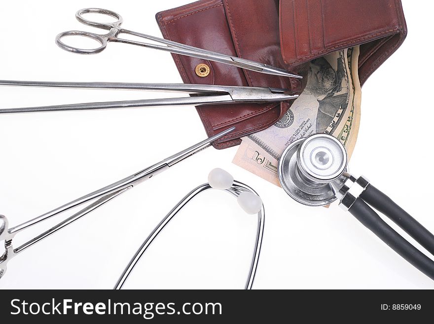 Surgical tools, purse and money. Surgical tools, purse and money