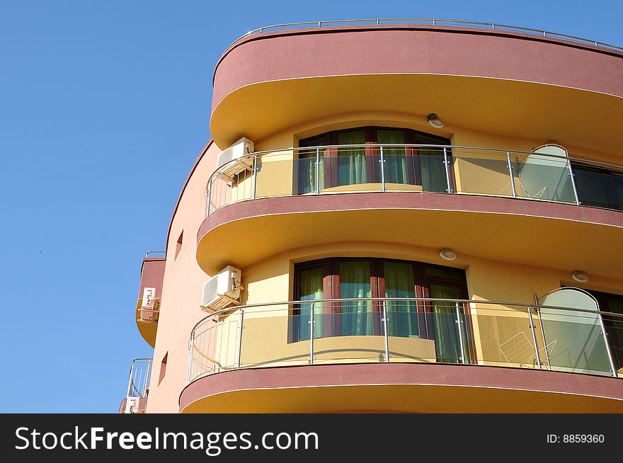 View of the colorful facade of a hotel. View of the colorful facade of a hotel