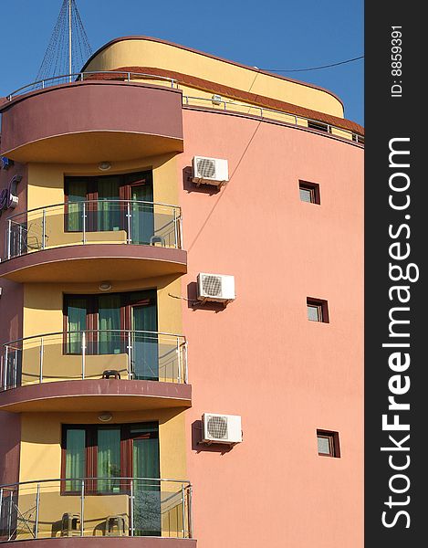 View of the colorful facade of a hotel. View of the colorful facade of a hotel