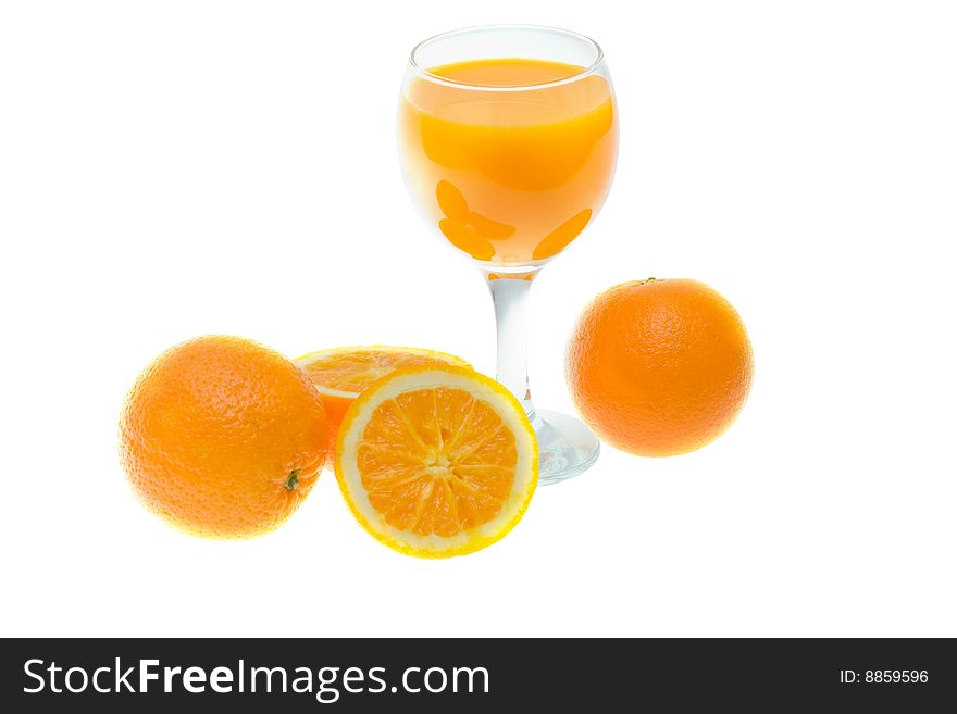 Glass of orange juice with fruits isolated on white. Glass of orange juice with fruits isolated on white