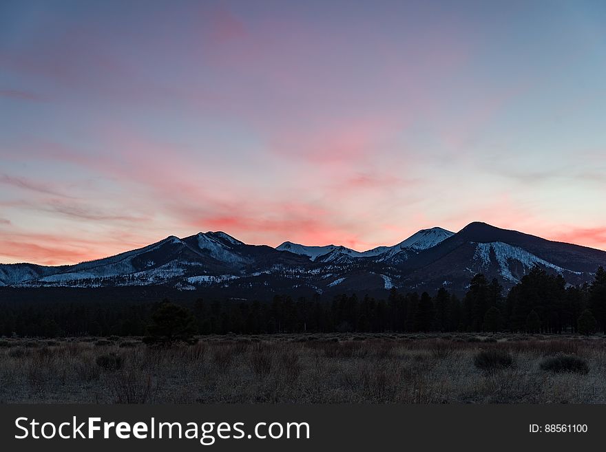 Sunset over the San Francisco Peaks at Bonito Park near Sunset Crater Volcano, Flagstaff, Arizona &#x28;March 11, 2017&#x29;.