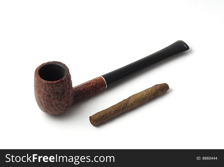 Pipe tobacco and cigar on a white background