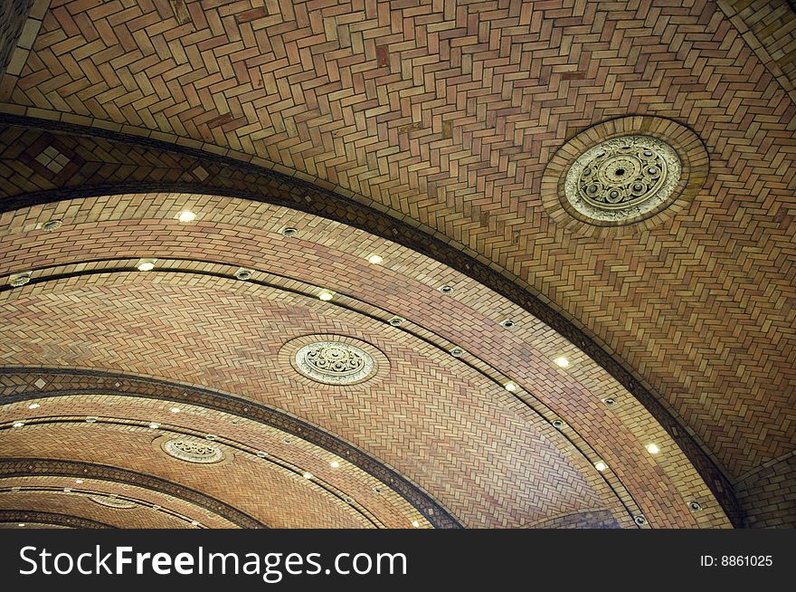 Brick vaulted ceiling in a herringbone pattern