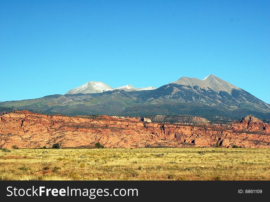 Snow covered mountains near moab utah