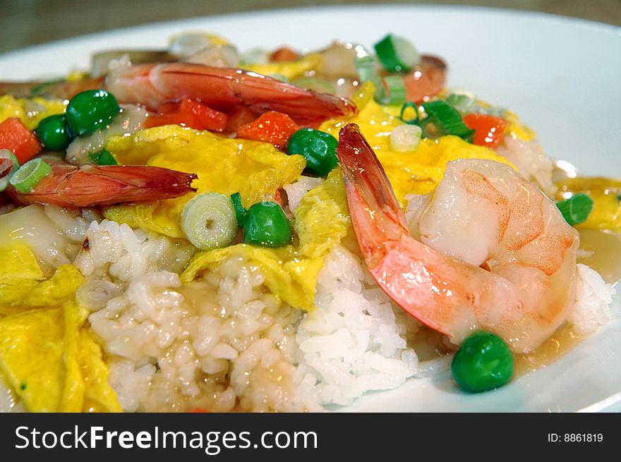 Shrimp and egg over rice. Shrimp and egg over rice