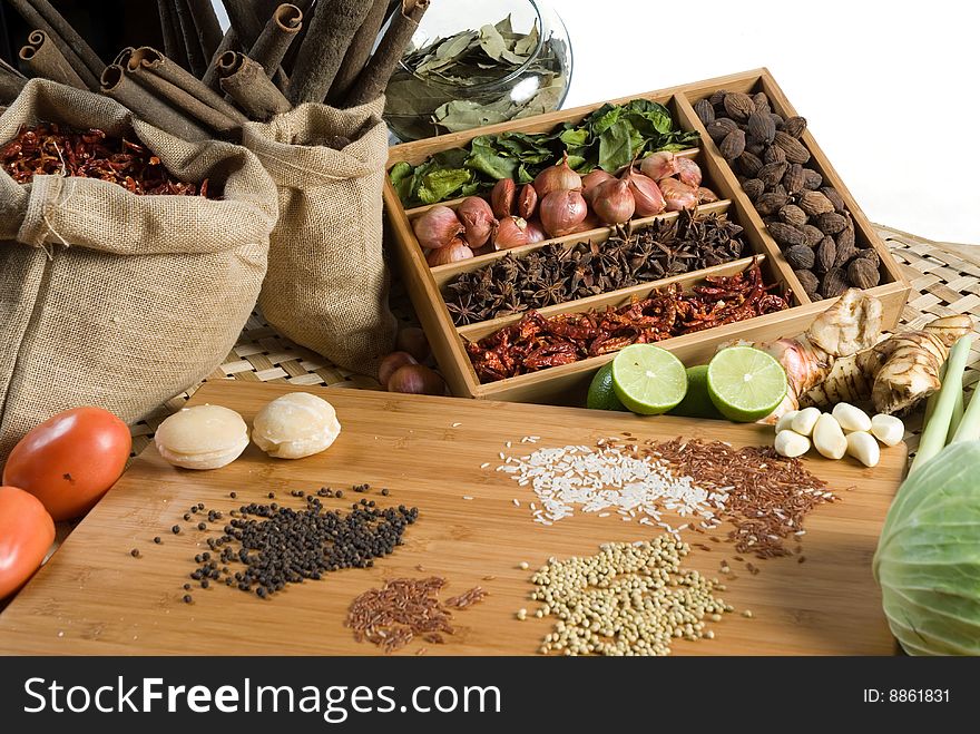 Arrangement of fresh herbs and spices