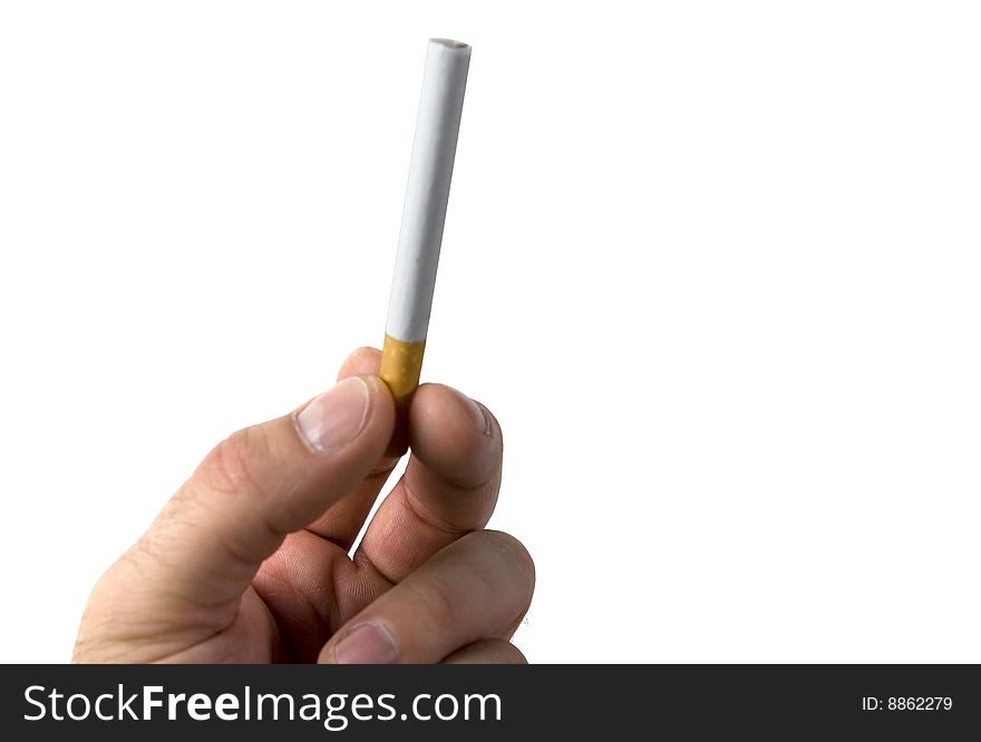 Hand holding a cigarette over a white background. Hand holding a cigarette over a white background.