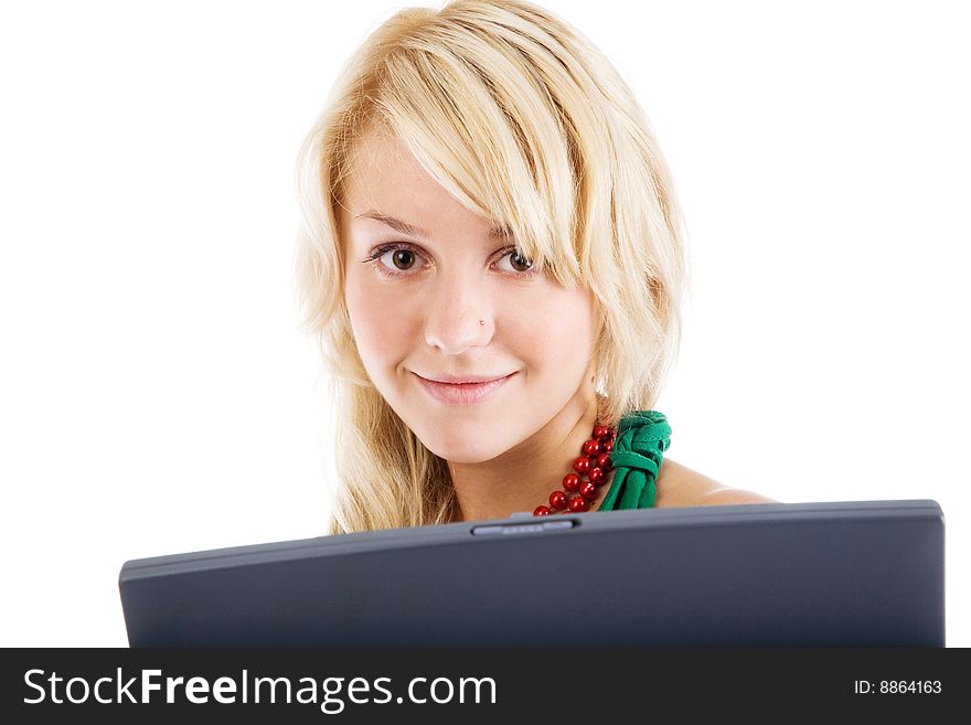 Cute young woman with laptop on the white. Cute young woman with laptop on the white