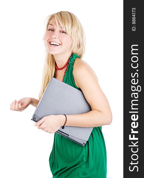Young funny girl with  laptop on the white. Young funny girl with  laptop on the white