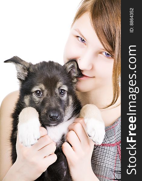 Beautiful woman with little puppy isolated