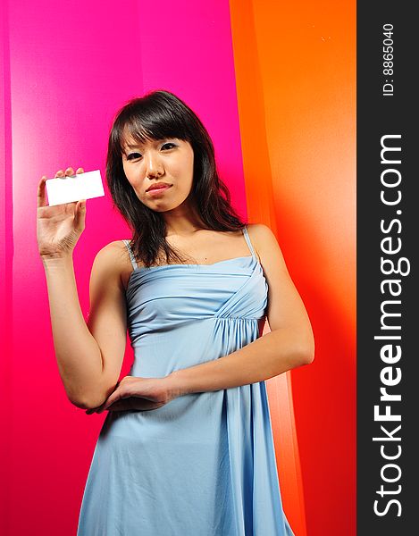Asian Girl With Namecard And Colorful Background