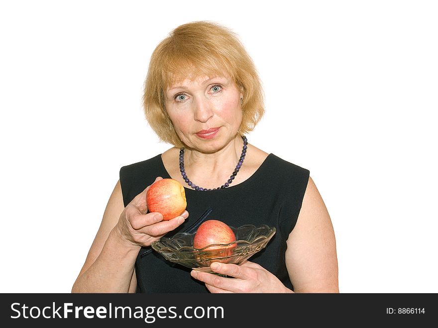 Woman, on white background with vase and apples. Woman, on white background with vase and apples