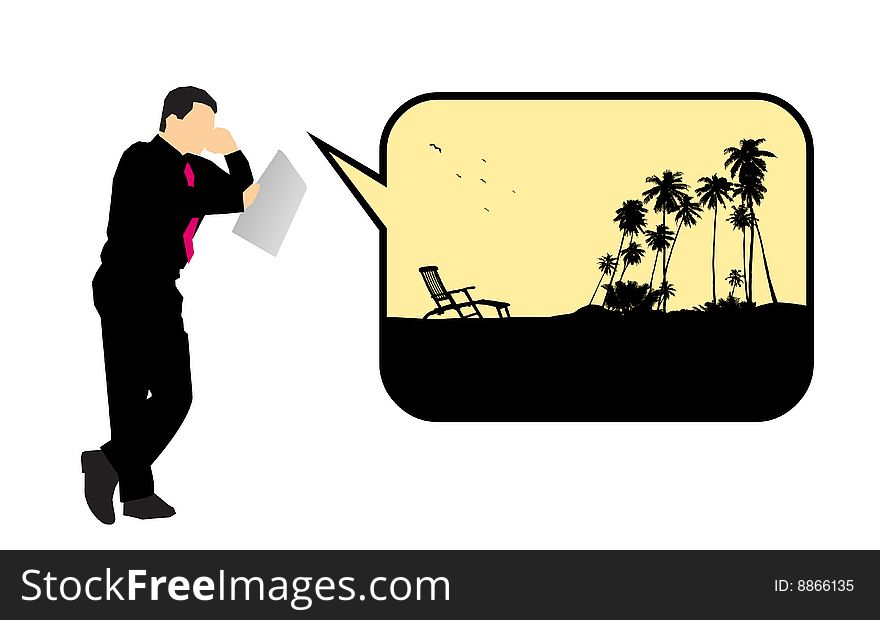 Vector illustration of businessman reading a travel agency commercial and dreaming about summer and holidays. Vector illustration of businessman reading a travel agency commercial and dreaming about summer and holidays